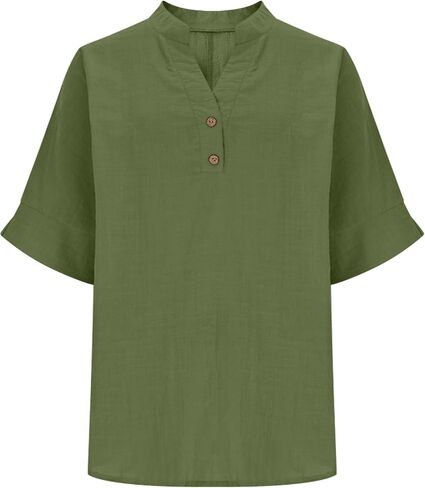 Womens Cotton Linen Shirts Half Sleeve V Neck Button Blouses Dressy Casual Tunic Tops Business Summer T Shirt in Kuwait