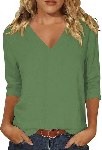 Summer Blouses for Women 3/4 Sleeve V Neck Shirts Cotton Linen Casual Dressy Solid Color Tunic Tops 2026 in Kuwait