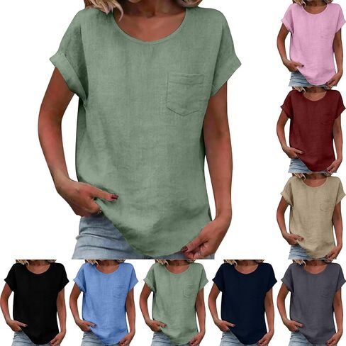 Womens Cotton Linen Tops Short Sleeve Crew Neck T Shirt Loose Fit Business Work Fashion Blouse with Pocket in Kuwait