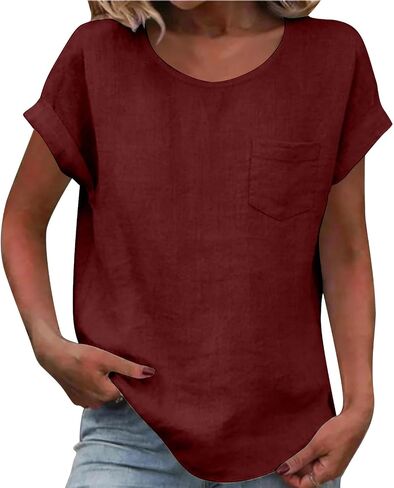 Womens Cotton Linen Tops Short Sleeve Crew Neck T Shirt Loose Fit Business Work Fashion Blouse with Pocket in Kuwait