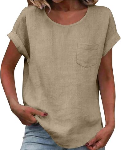 Womens Cotton Linen Tops Short Sleeve Crew Neck T Shirt Loose Fit Business Work Fashion Blouse with Pocket in Kuwait