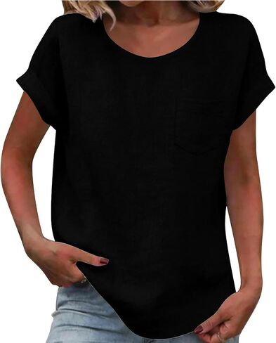 Womens Cotton Linen Tops Short Sleeve Crew Neck T Shirt Loose Fit Business Work Fashion Blouse with Pocket in Kuwait