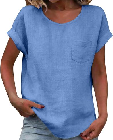 Womens Cotton Linen Tops Short Sleeve Crew Neck T Shirt Loose Fit Business Work Fashion Blouse with Pocket in Kuwait