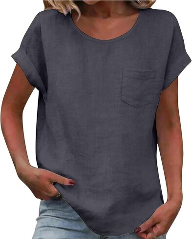 Womens Cotton Linen Tops Short Sleeve Crew Neck T Shirt Loose Fit Business Work Fashion Blouse with Pocket in Kuwait