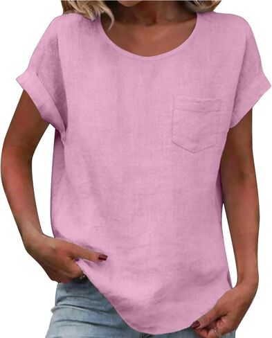 Womens Cotton Linen Tops Short Sleeve Crew Neck T Shirt Loose Fit Business Work Fashion Blouse with Pocket in Kuwait