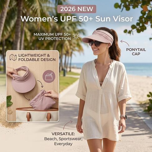 2026 NEW Women's UPF 50+ UV Protection Sun Visor Hat Wide Brim Lightweight Foldable Ponytail Cap Beach Outdoor in Kuwait
