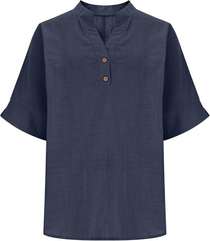 Womens Cotton Linen Shirts Half Sleeve V Neck Button Blouses Dressy Casual Tunic Tops Business Summer T Shirt in Kuwait