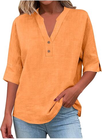 Womens Cotton Linen Shirts Half Sleeve V Neck Button Blouses Dressy Casual Tunic Tops Business Summer T Shirt in Kuwait