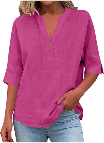 Womens Cotton Linen Shirts Half Sleeve V Neck Button Blouses Dressy Casual Tunic Tops Business Summer T Shirt in Kuwait