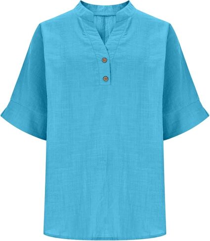 Womens Cotton Linen Shirts Half Sleeve V Neck Button Blouses Dressy Casual Tunic Tops Business Summer T Shirt in Kuwait