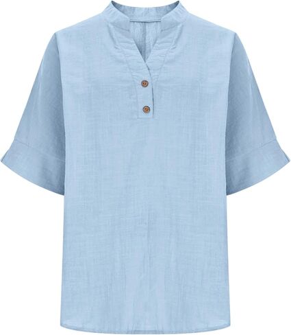 Womens Cotton Linen Shirts Half Sleeve V Neck Button Blouses Dressy Casual Tunic Tops Business Summer T Shirt in Kuwait
