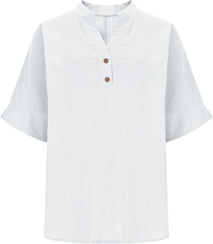 Womens Cotton Linen Shirts Half Sleeve V Neck Button Blouses Dressy Casual Tunic Tops Business Summer T Shirt in Kuwait