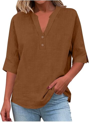 Womens Cotton Linen Shirts Half Sleeve V Neck Button Blouses Dressy Casual Tunic Tops Business Summer T Shirt in Kuwait