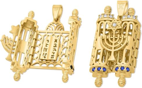 Gold-Filled 18K Torah Scroll Book Pentateuch Opening Pendant, Sefer Torah With Zircons & Magen David/Menorah Gift From Jerusalem in Kuwait
