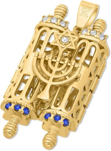 Gold-Filled 18K Torah Scroll Book Pentateuch Opening Pendant, Sefer Torah With Zircons & Magen David/Menorah Gift From Jerusalem in Kuwait