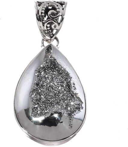 FifiRose Pear Silver Mist Titanium Agate Druzy 925 Sterling Silver Pendant, 1 9/16" p86710 in Kuwait
