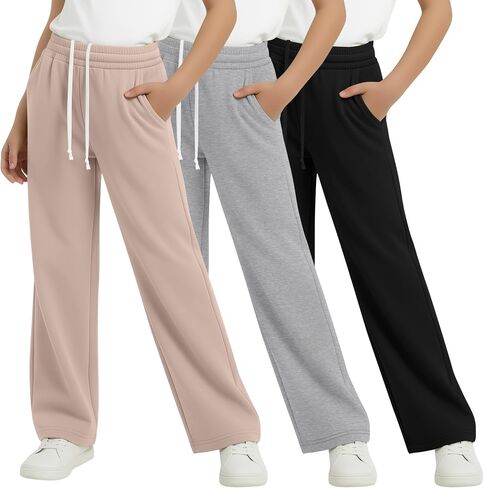 3 Pack Girls Wide Leg Sweatpants Kids Straight Leg Baggy Joggers Casual Drawstring Athletic Pants Back to School in Kuwait