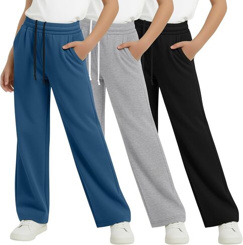 3 Pack Girls Wide Leg Sweatpants Kids Straight Leg Baggy Joggers Casual Drawstring Athletic Pants Back to School in Kuwait