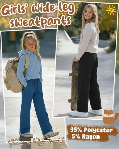 3 Pack Girls Wide Leg Sweatpants Kids Straight Leg Baggy Joggers Casual Drawstring Athletic Pants Back to School in Kuwait