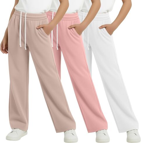 3 Pack Girls Wide Leg Sweatpants Kids Straight Leg Baggy Joggers Casual Drawstring Athletic Pants Back to School in Kuwait