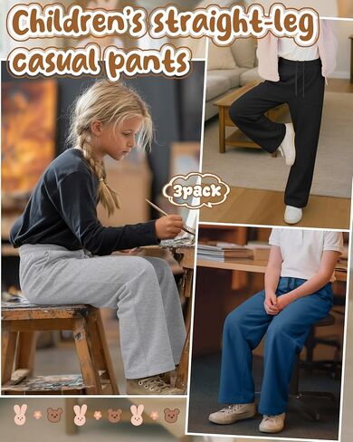 3 Pack Girls Wide Leg Sweatpants Kids Straight Leg Baggy Joggers Casual Drawstring Athletic Pants Back to School in Kuwait