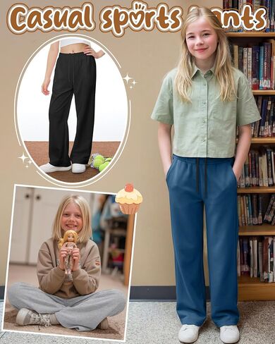 3 Pack Girls Wide Leg Sweatpants Kids Straight Leg Baggy Joggers Casual Drawstring Athletic Pants Back to School in Kuwait