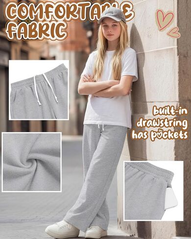 3 Pack Girls Wide Leg Sweatpants Kids Straight Leg Baggy Joggers Casual Drawstring Athletic Pants Back to School in Kuwait
