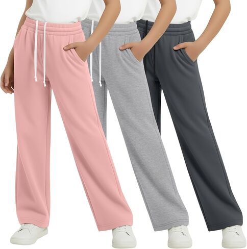 3 Pack Girls Wide Leg Sweatpants Kids Straight Leg Baggy Joggers Casual Drawstring Athletic Pants Back to School in Kuwait