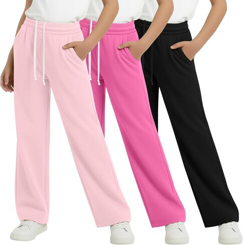 3 Pack Girls Wide Leg Sweatpants Kids Straight Leg Baggy Joggers Casual Drawstring Athletic Pants Back to School in Kuwait