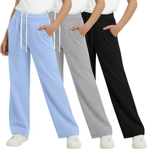 3 Pack Girls Wide Leg Sweatpants Kids Straight Leg Baggy Joggers Casual Drawstring Athletic Pants Back to School in Kuwait