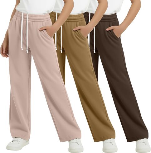 3 Pack Girls Wide Leg Sweatpants Kids Straight Leg Baggy Joggers Casual Drawstring Athletic Pants Back to School in Kuwait