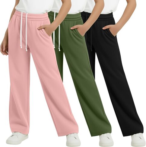 3 Pack Girls Wide Leg Sweatpants Kids Straight Leg Baggy Joggers Casual Drawstring Athletic Pants Back to School in Kuwait