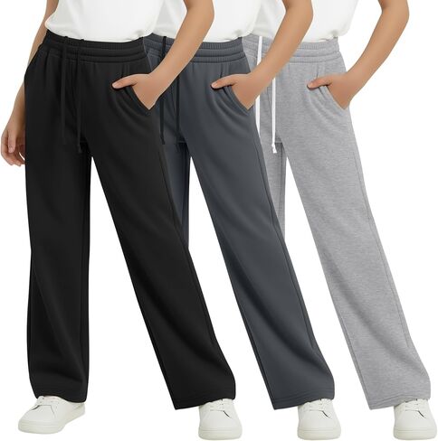 3 Pack Girls Wide Leg Sweatpants Kids Straight Leg Baggy Joggers Casual Drawstring Athletic Pants Back to School in Kuwait