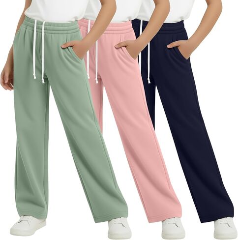 3 Pack Girls Wide Leg Sweatpants Kids Straight Leg Baggy Joggers Casual Drawstring Athletic Pants Back to School in Kuwait