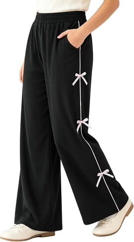 Girls Wide Leg Sweatpants Bows Side Stripe Elastic Waist Casual Pants with Pockets in Kuwait