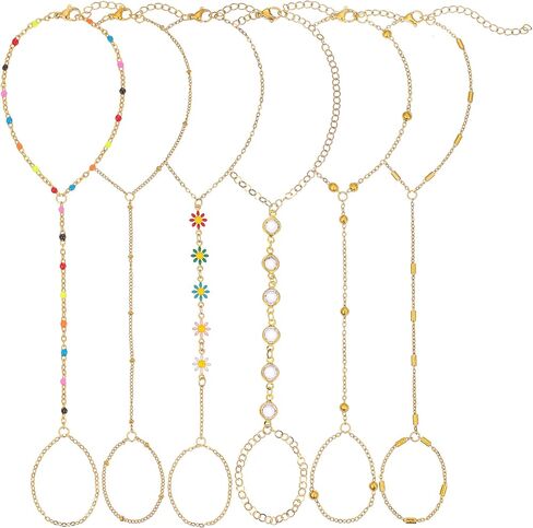 BROCC 6PCS Gold Hand Chain Bracelets for Women Stackable Bracelet with Ring | 14K Gold Plated, Adjustable Link Bracelets, Daily Party, Trendy Boho Jewelry Set in Saudi Arabia