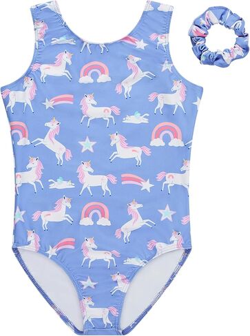 Destira Wish Upon a Unicorn Tank Gymnastics Leotard for Girls – Blue Rainbow Unicorn Athletic Dance Leo, Matching Scrunchie in Saudi Arabia