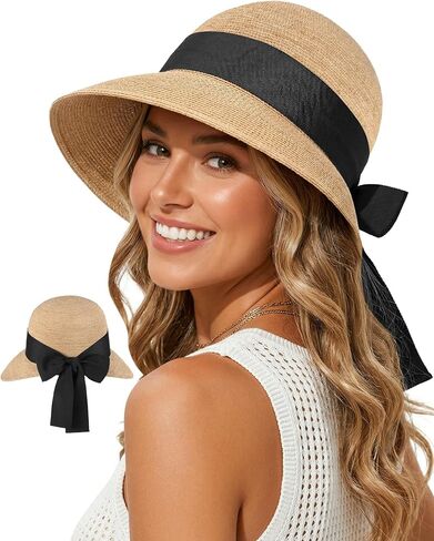 Ababalaya Luxury Raffia Sun Hat for Women with Long Wide Ribbon Band Elegant Wide Brim Straw Hat UPF 50+ Wedding & Beach Hat in Saudi Arabia