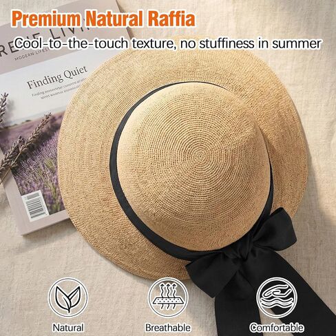 Ababalaya Luxury Raffia Sun Hat for Women with Long Wide Ribbon Band Elegant Wide Brim Straw Hat UPF 50+ Wedding & Beach Hat in Saudi Arabia