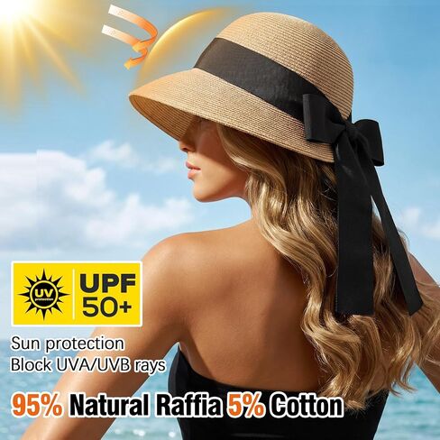 Ababalaya Luxury Raffia Sun Hat for Women with Long Wide Ribbon Band Elegant Wide Brim Straw Hat UPF 50+ Wedding & Beach Hat in Saudi Arabia