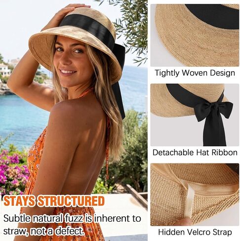 Ababalaya Luxury Raffia Sun Hat for Women with Long Wide Ribbon Band Elegant Wide Brim Straw Hat UPF 50+ Wedding & Beach Hat in Saudi Arabia