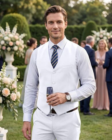 Men's 2 Piece Suit Slim Fit V-Neck Vest Adjustable Pants Elegant Tuxedo Set for Work Wedding Party in Saudi Arabia