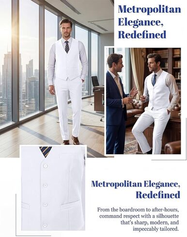 Men's 2 Piece Suit Slim Fit V-Neck Vest Adjustable Pants Elegant Tuxedo Set for Work Wedding Party in Saudi Arabia