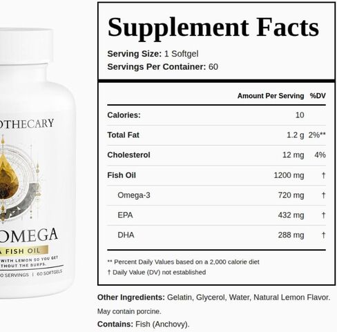 Pure Omega Fish Oil 1200mg - 720mg Omega-3 with EPA 432mg & DHA 288mg - Molecularly Distilled, No Fishy Aftertaste - Heart, Brain, Joint & Vision Support - 60 Softgels (60 Servings) in Saudi Arabia