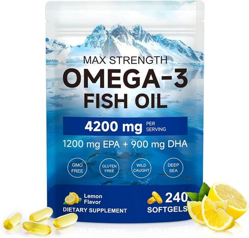 Triple-Strength Omega 3 Fish Oil Supplement 240 Softgels - High Potency EPA & DHA - Supports Brain, Eye, Skin, Joint & Heart Health for Adults - Lemon Flavor, GMO-Free, from Sustainably Sourced Fish in Saudi Arabia