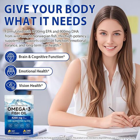 Triple-Strength Omega 3 Fish Oil Supplement 240 Softgels - High Potency EPA & DHA - Supports Brain, Eye, Skin, Joint & Heart Health for Adults - Lemon Flavor, GMO-Free, from Sustainably Sourced Fish in Saudi Arabia
