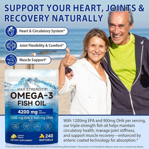 Triple-Strength Omega 3 Fish Oil Supplement 240 Softgels - High Potency EPA & DHA - Supports Brain, Eye, Skin, Joint & Heart Health for Adults - Lemon Flavor, GMO-Free, from Sustainably Sourced Fish in Saudi Arabia
