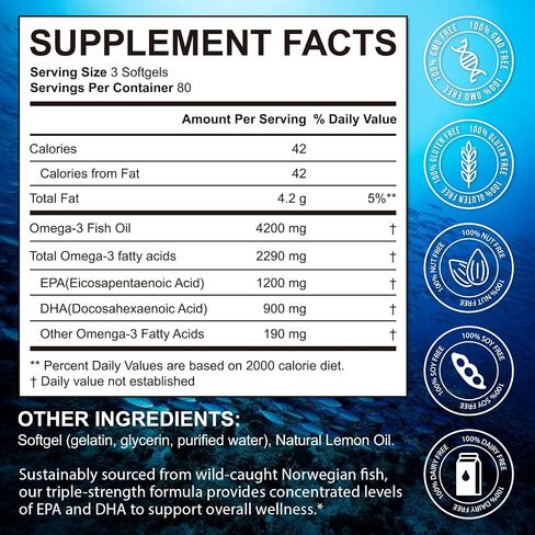 Triple-Strength Omega 3 Fish Oil Supplement 240 Softgels - High Potency EPA & DHA - Supports Brain, Eye, Skin, Joint & Heart Health for Adults - Lemon Flavor, GMO-Free, from Sustainably Sourced Fish in Saudi Arabia