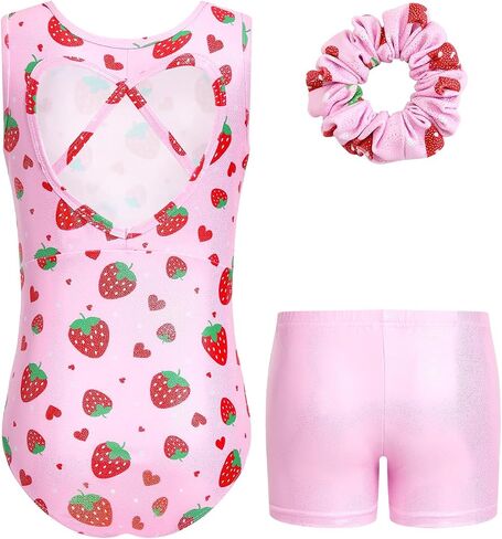 JiAmy 3pcs Girls Gymnastics Leotards with Shorts, Biketard Outfit with Heart Cutout Back,Tumbling Activewear for Ballet 3-12Y in Kuwait