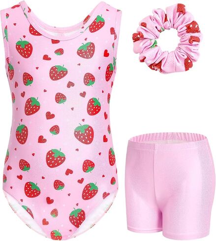 JiAmy 3pcs Girls Gymnastics Leotards with Shorts, Biketard Outfit with Heart Cutout Back,Tumbling Activewear for Ballet 3-12Y in Kuwait